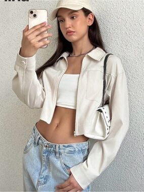 SHEIN Cream Cropped Zip-Up Faux Leather Jacket